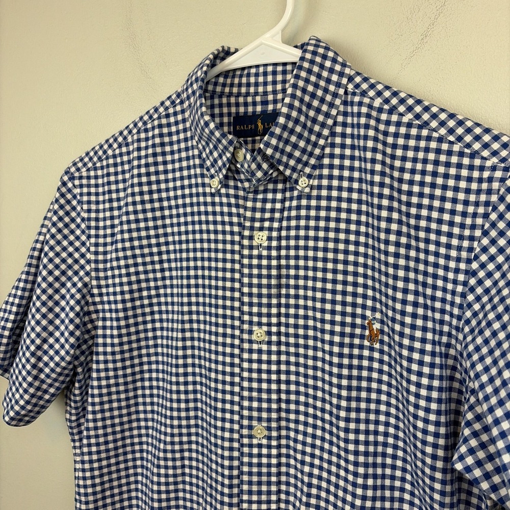 Ralph Lauren Shirt Mens Small Blue gingham Short Sleeve Button Down flesh pony